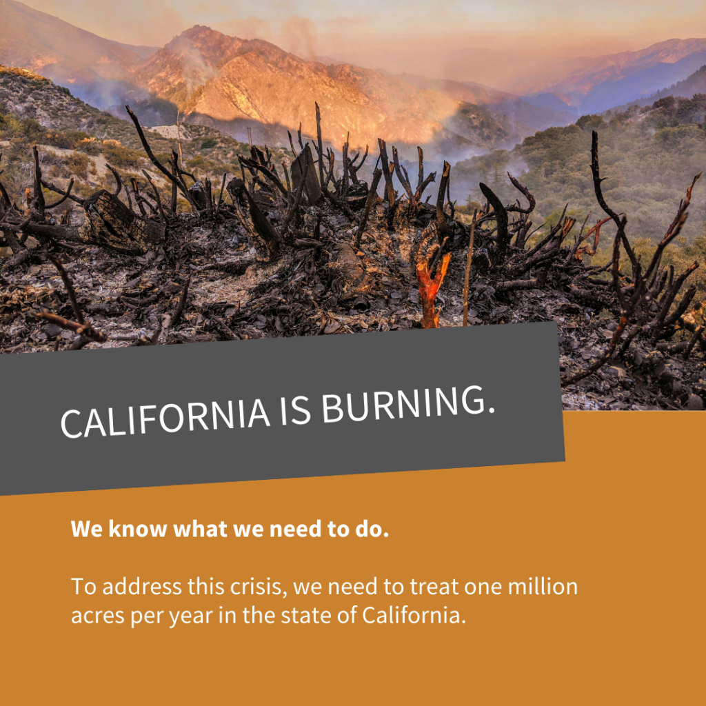Image of wildfire burn scar with text that reads, "California is Burning. We know what we need to do. To address this crisis, we need to treat one million acres per year in the state of California."